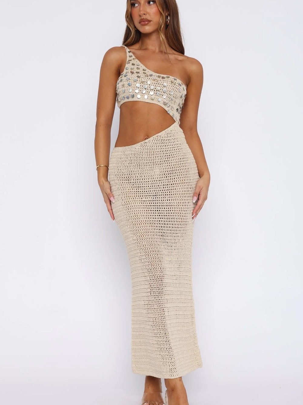 White Fox Turritella Treasure Crochet Maxi Dress Shell M EUC